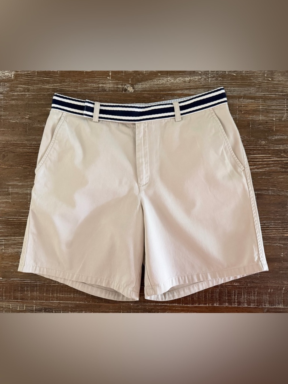 Tommy Hilfiger Light Khaki Shorts with Blue-Striped Waistband - Women’s Size 8